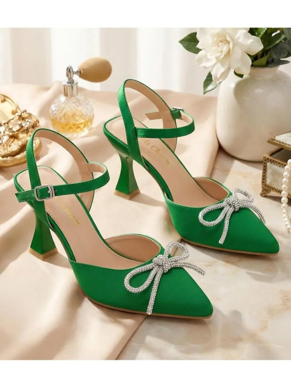 Women's Green Stiletto Pumps Shoes Pointed Toe Ankle Strap High Heel Dress Shoes
